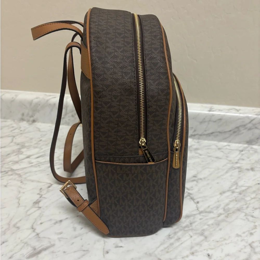 Michael Kors Dark Brown MK Monogram Backpack with Tan Trim